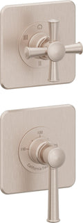 California Faucets Miramar StyleTherm Vista™ - Dos Placas Cuadradas (4" x 4" c/u), Cartucho de 3 Salidas Compartidas, 1 Manija de Palanca y 1 Manija de Cruz