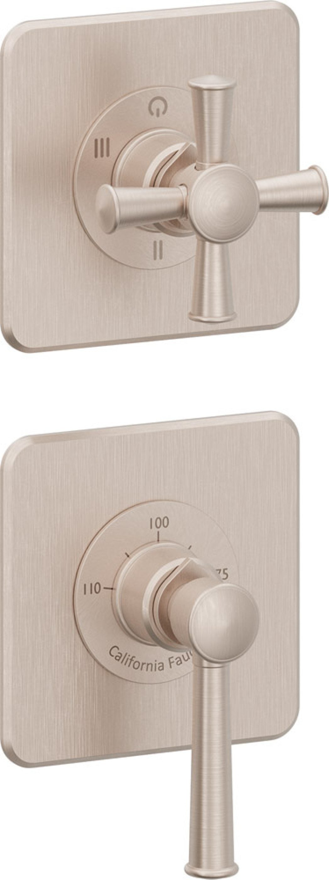 California Faucets Miramar StyleTherm Vista™ - Dos Placas Cuadradas (4" x 4" c/u), Cartucho de 3 Salidas No Compartidas, 1 Manija de Palanca y 1 Manija de Cruz
