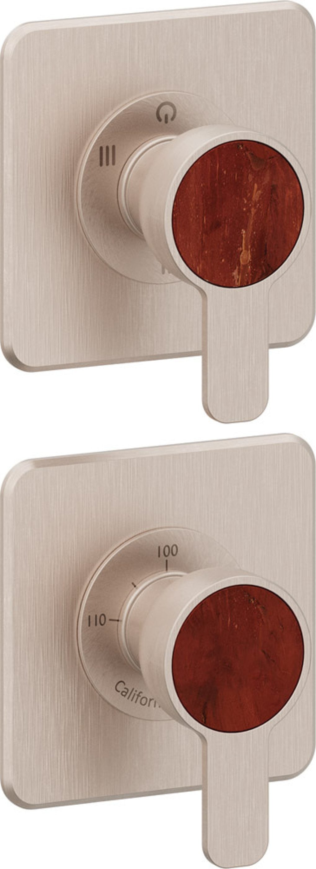 California Faucets Capitola StyleTherm Vista con Control de Tres Salidas y Paro - Placa Doble Quad - Níquel Satinado