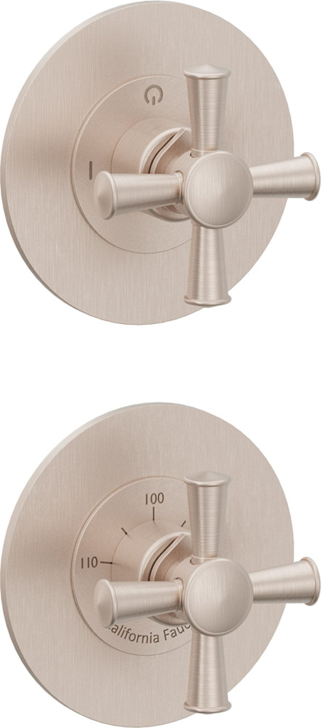 California Faucets Miramar StyleTherm Vista™ - Dos Placas Redondas (4" c/u), Cartucho de 2 Salidas No Compartidas, 2 Manijas de Cruz