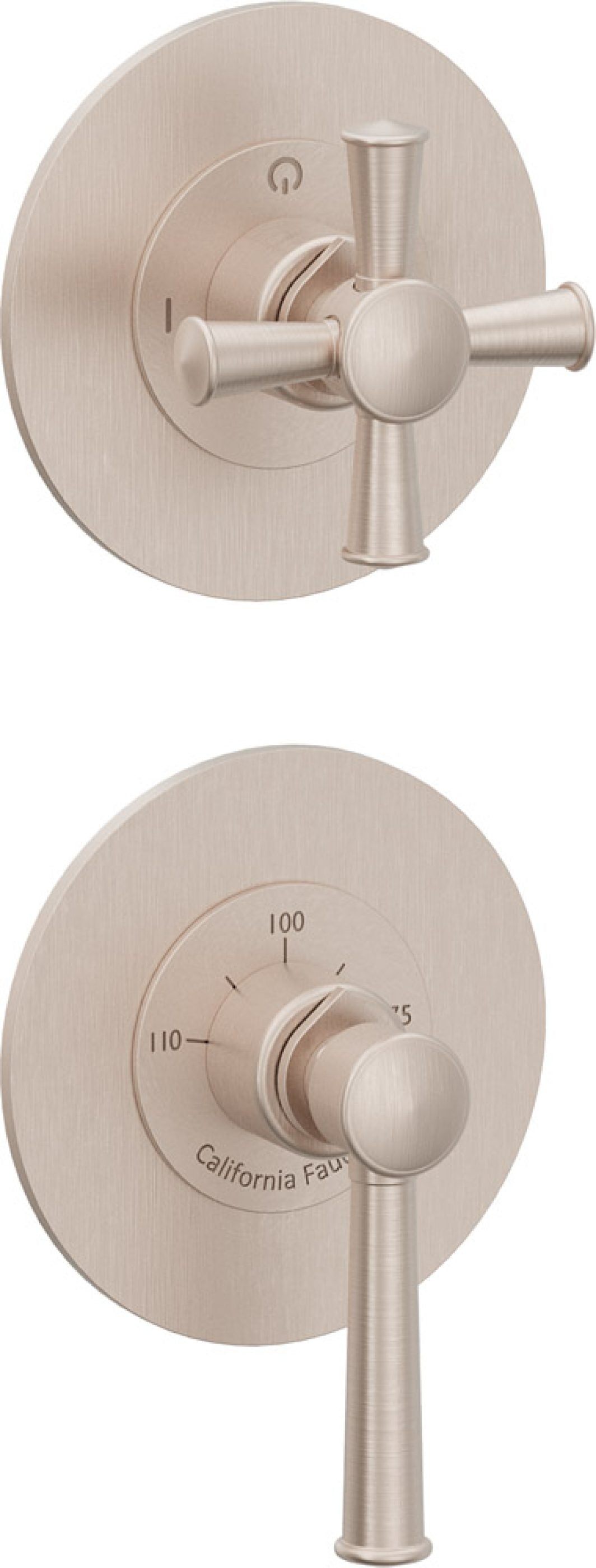California Faucets Miramar StyleTherm Vista™ - Dos Placas Redondas (4" c/u), Cartucho de 2 Salidas Compartidas, 1 Manija de Palanca y 1 Manija de Cruz