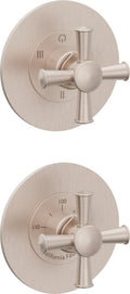 California Faucets Miramar StyleTherm Vista™ - Dos Placas Redondas (4" c/u), Cartucho de 3 Salidas No Compartidas, 2 Manijas de Cruz
