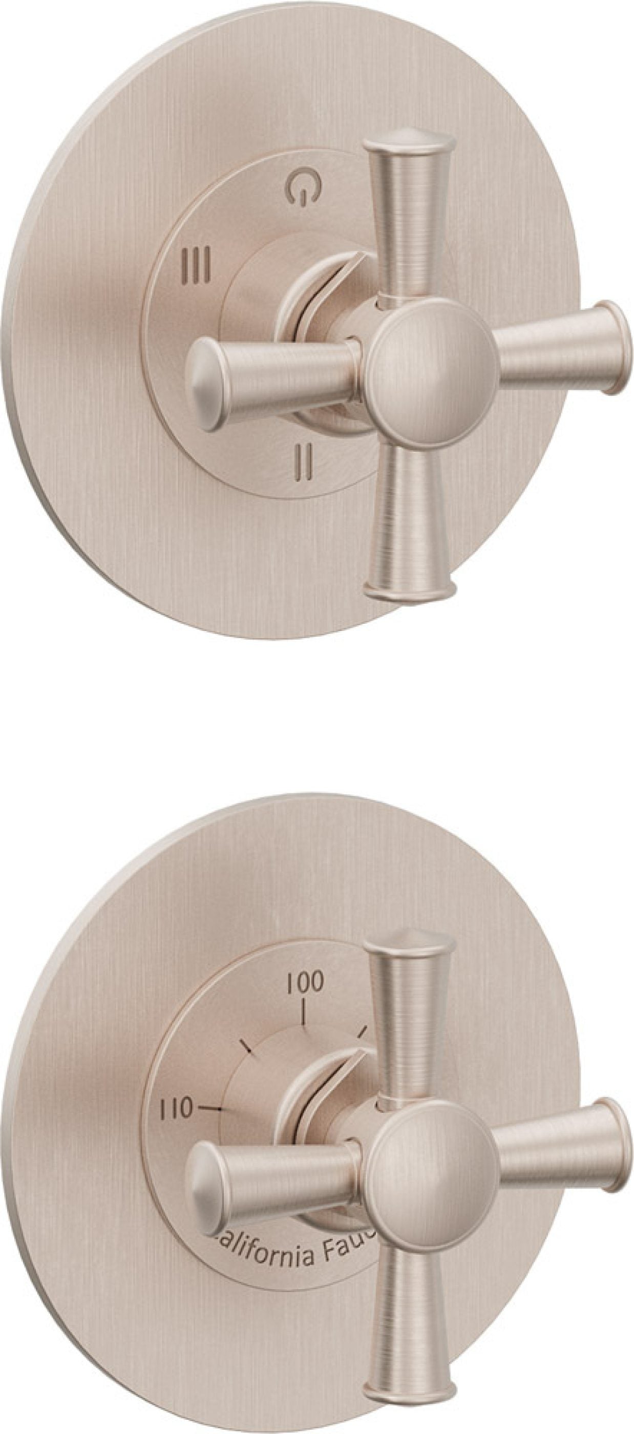California Faucets Miramar StyleTherm Vista™ - Dos Placas Redondas (4" c/u), Cartucho de 3 Salidas No Compartidas, 2 Manijas de Cruz