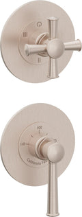 California Faucets Miramar StyleTherm Vista™ - Dos Placas Redondas (4" c/u), Cartucho de 3 Salidas Compartidas, 1 Manija de Palanca y 1 Manija de Cruz