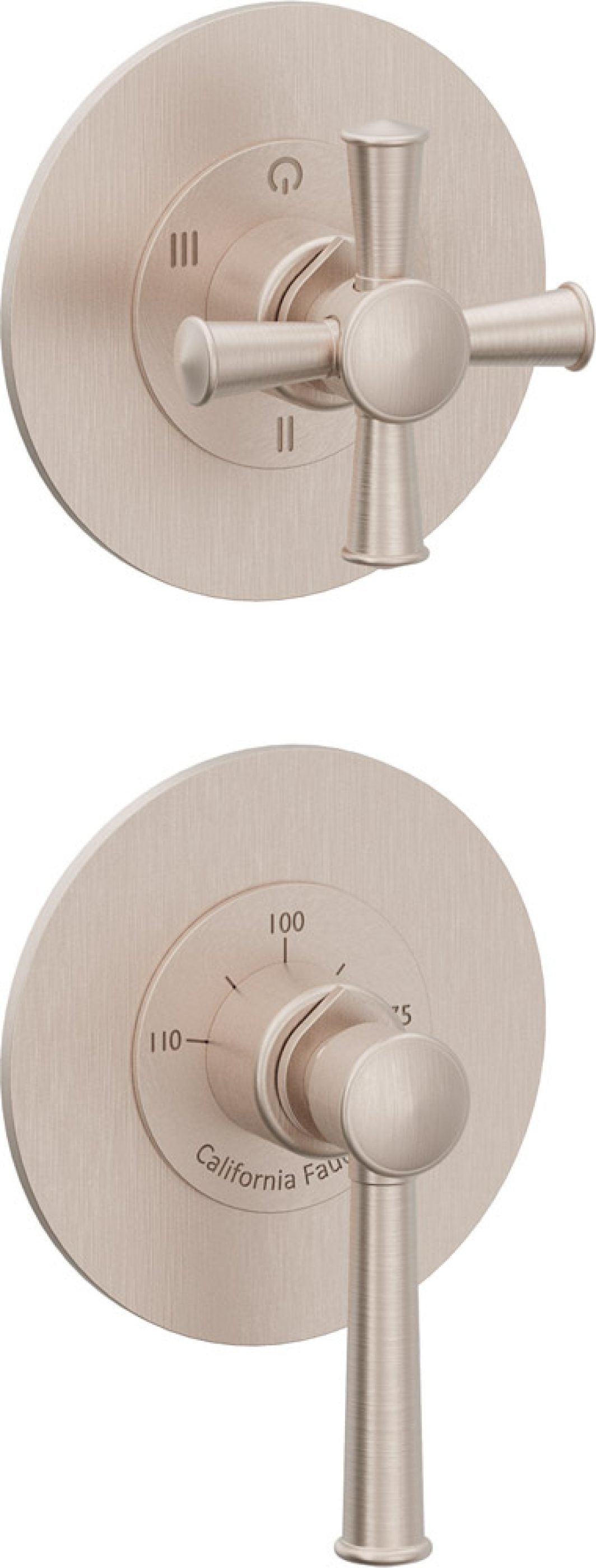 California Faucets Miramar StyleTherm Vista™ - Dos Placas Redondas (4" c/u), Cartucho de 3 Salidas Compartidas, 1 Manija de Palanca y 1 Manija de Cruz
