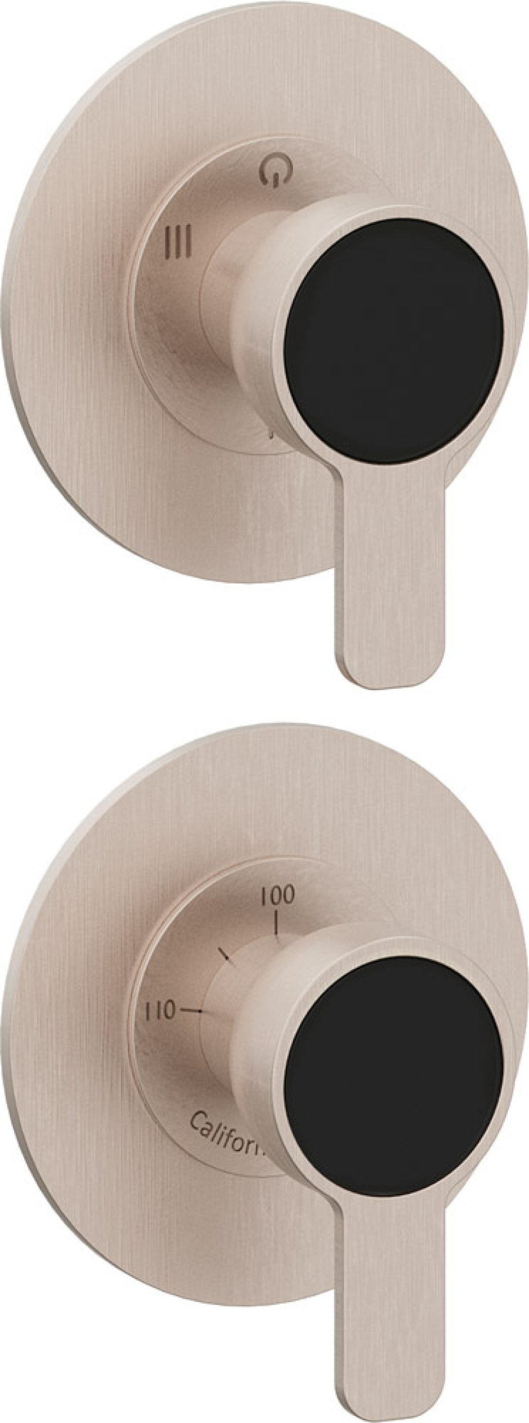 California Faucets Capitola StyleTherm Vista con Control de Tres Salidas y Paro - Placa Doble Rectangular - Níquel Satinado
