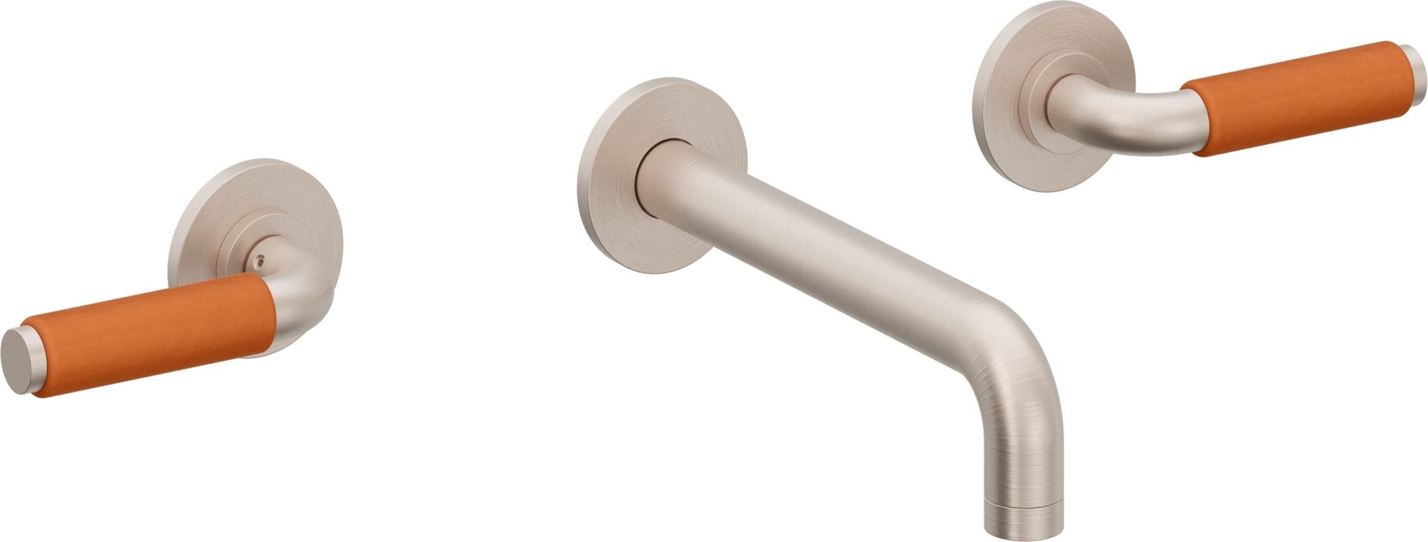 California Faucets Cayucos Llave de Lavabo de Pared de Dos Llaves - Palanca de Porcelana Naranja - Níquel Satinado