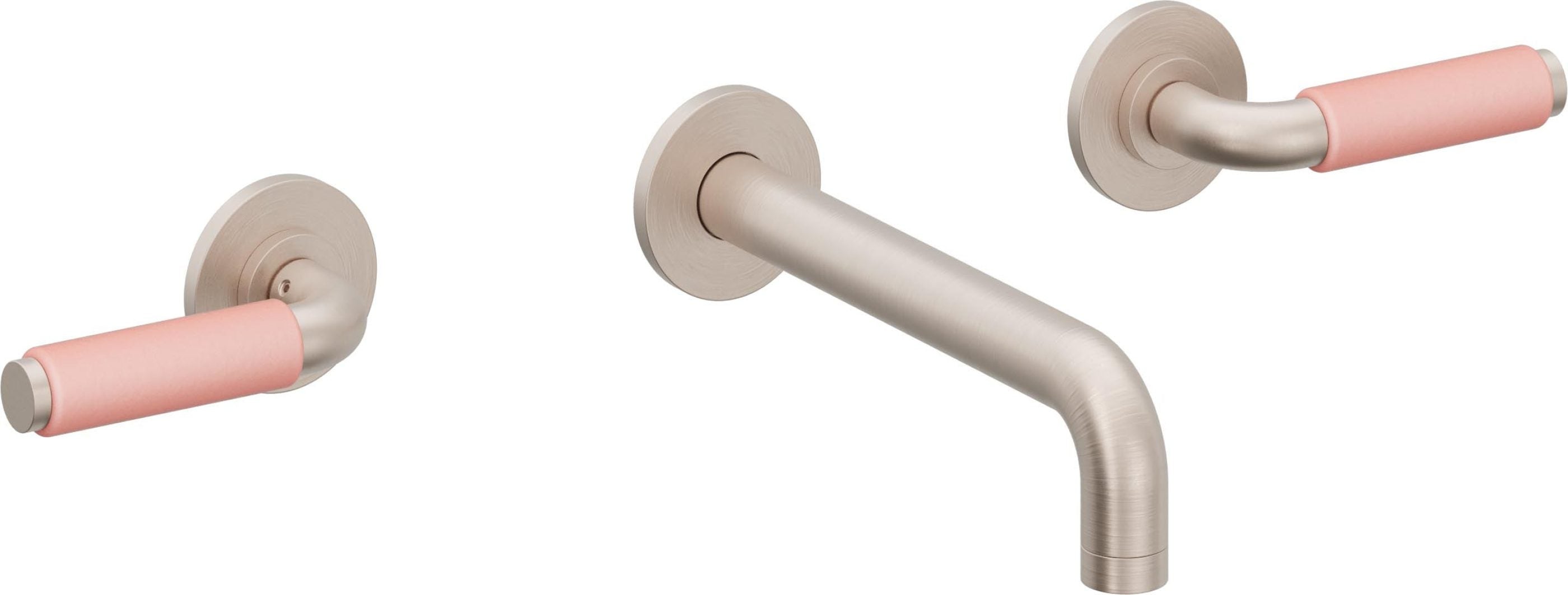 California Faucets Cayucos Llave de Lavabo de Pared de Dos Llaves - Palanca de Porcelana Rosa - Níquel Satinado