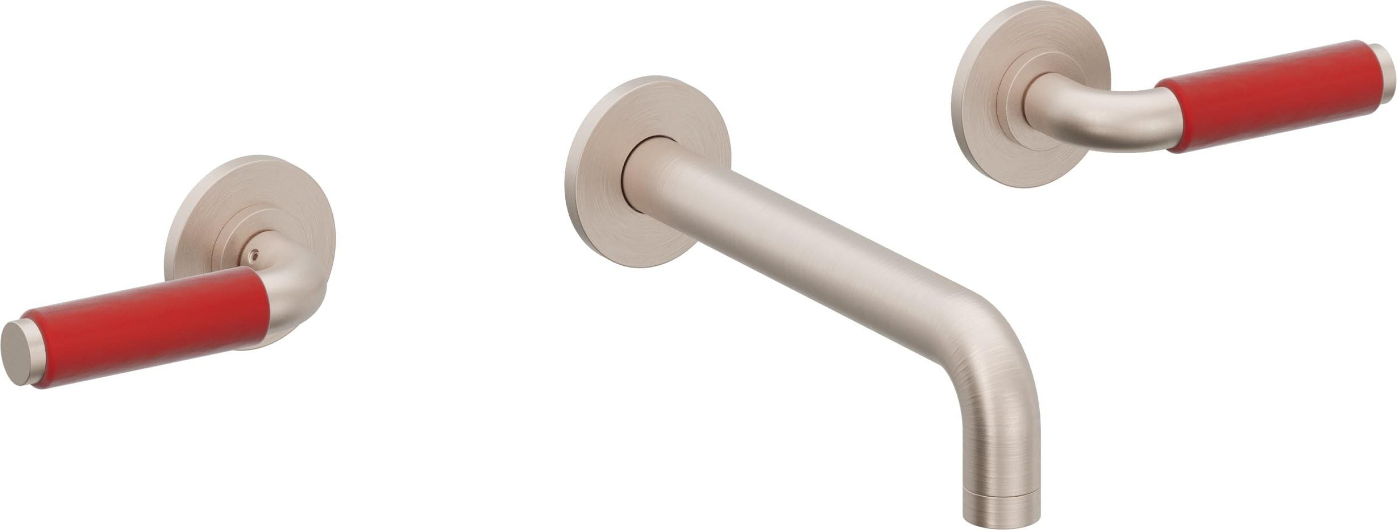 California Faucets Cayucos Llave de Lavabo de Pared de Dos Llaves - Palanca Roja - Níquel Satinado