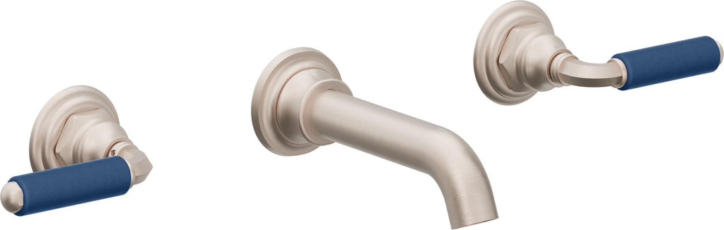 California Faucets Del Mar Llave de Lavabo de Pared de Dos Llaves - Palanca de Porcelana Azul - Níquel Satinado