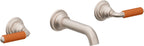 California Faucets Del Mar Llave de Lavabo de Pared de Dos Llaves - Palanca de Porcelana Naranja - Níquel Satinado