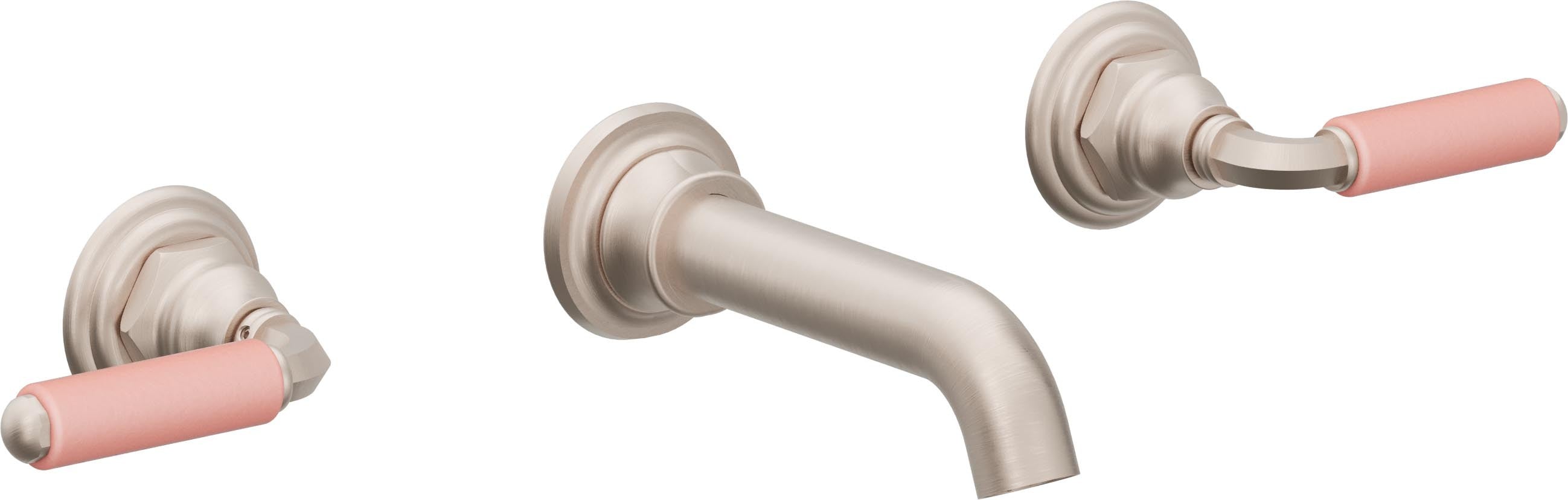 California Faucets Del Mar Llave de Lavabo de Pared de Dos Llaves - Palanca de Porcelana Rosa - Níquel Satinado