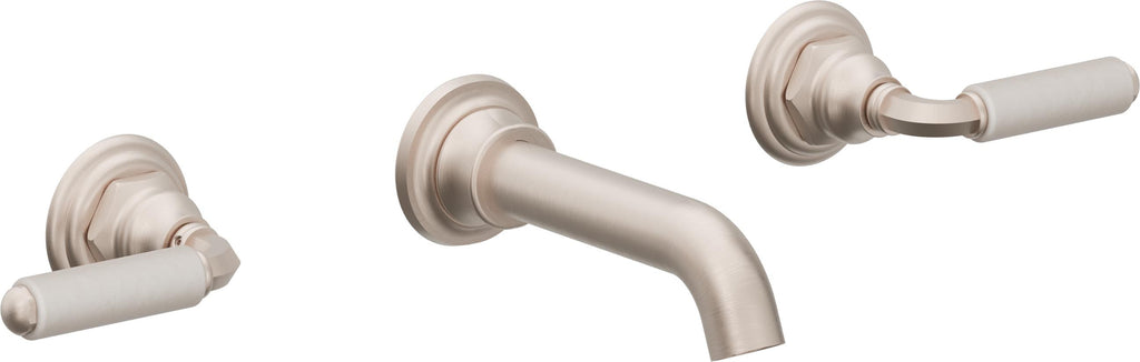 California Faucets Del Mar Llave de Lavabo de Pared de Dos Llaves - Palanca de Porcelana Blanca - Níquel Satinado