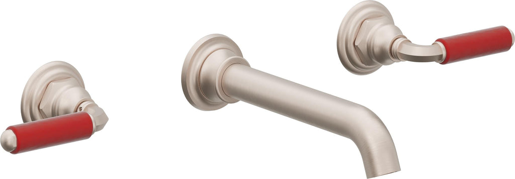 California Faucets Del Mar Llave de Lavabo de Pared de Dos Llaves - Palanca Roja - Níquel Satinado