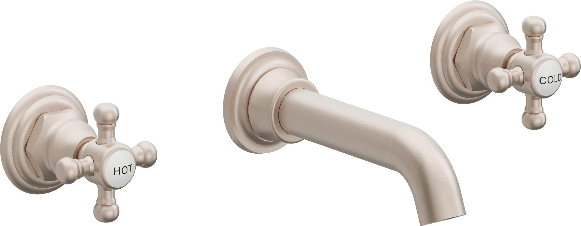 California Faucets Del Mar Llave de Lavabo de Pared de Dos Llaves - Manija de Cruz - Níquel Satinado