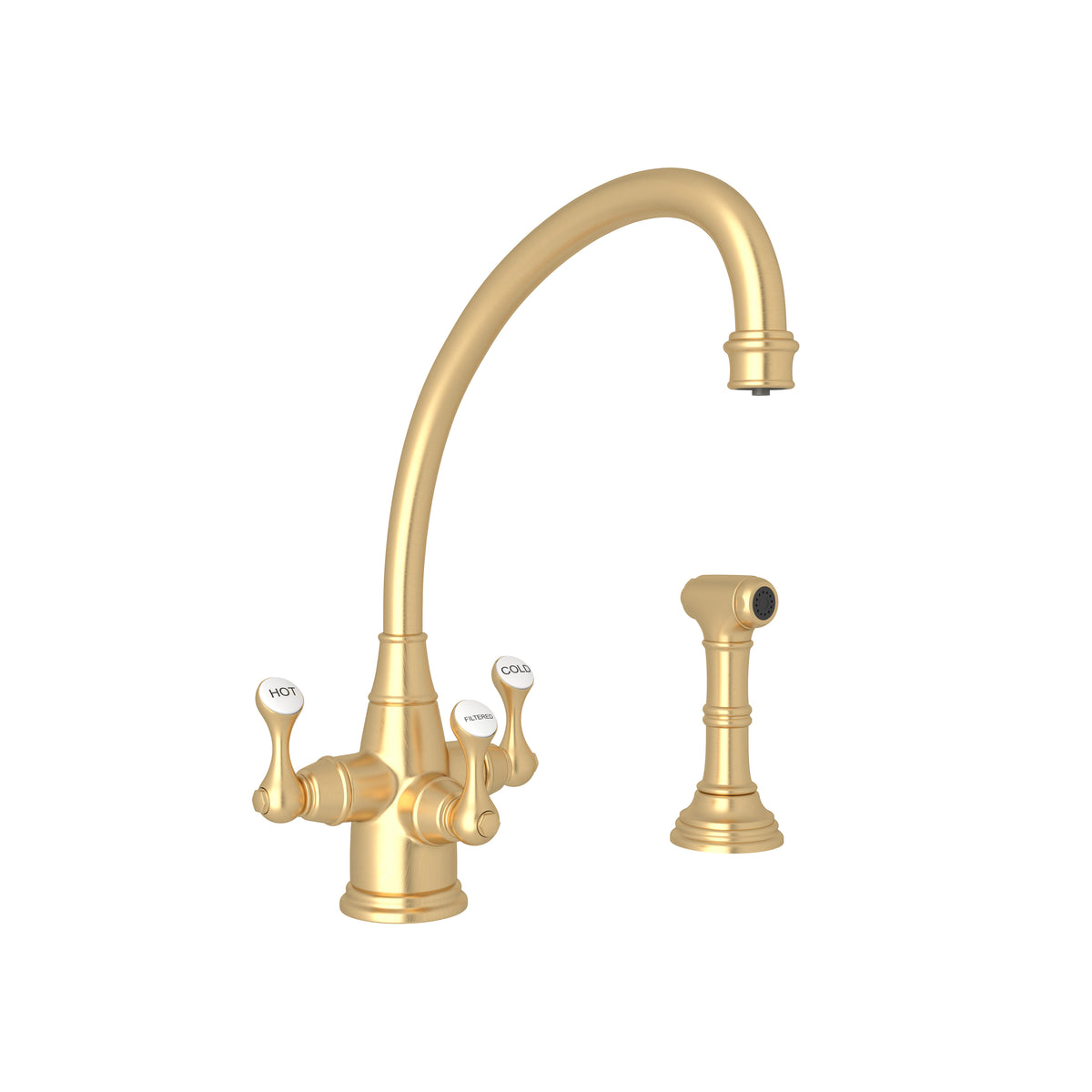Rohl Georgian Era Mezcladora Filtradora de Cocina de Tres Manijas con Aspersor Lateral - Oro Inglés Satinado