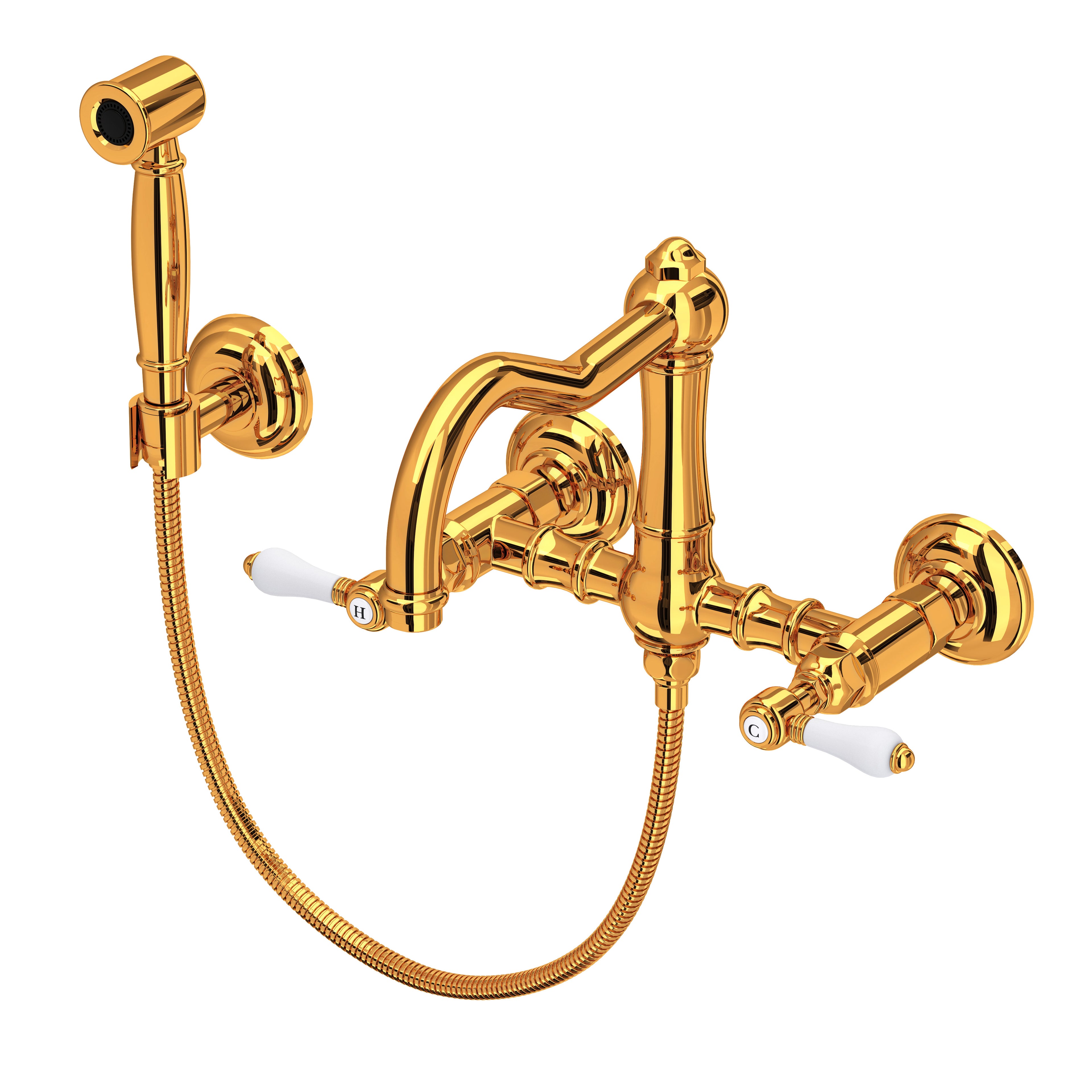 Rohl Acqui Mezcladora de Cocina Tipo Puente de Pared con Aspersor Lateral y Surtidor de Columna - Palanca de Porcelana Blanca - Latón Italiano