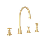 Rohl Georgian Era Mezcladora de Cocina de Dos Manijas con Aspersor Lateral - Manija de Cruz - Oro Inglés Satinado