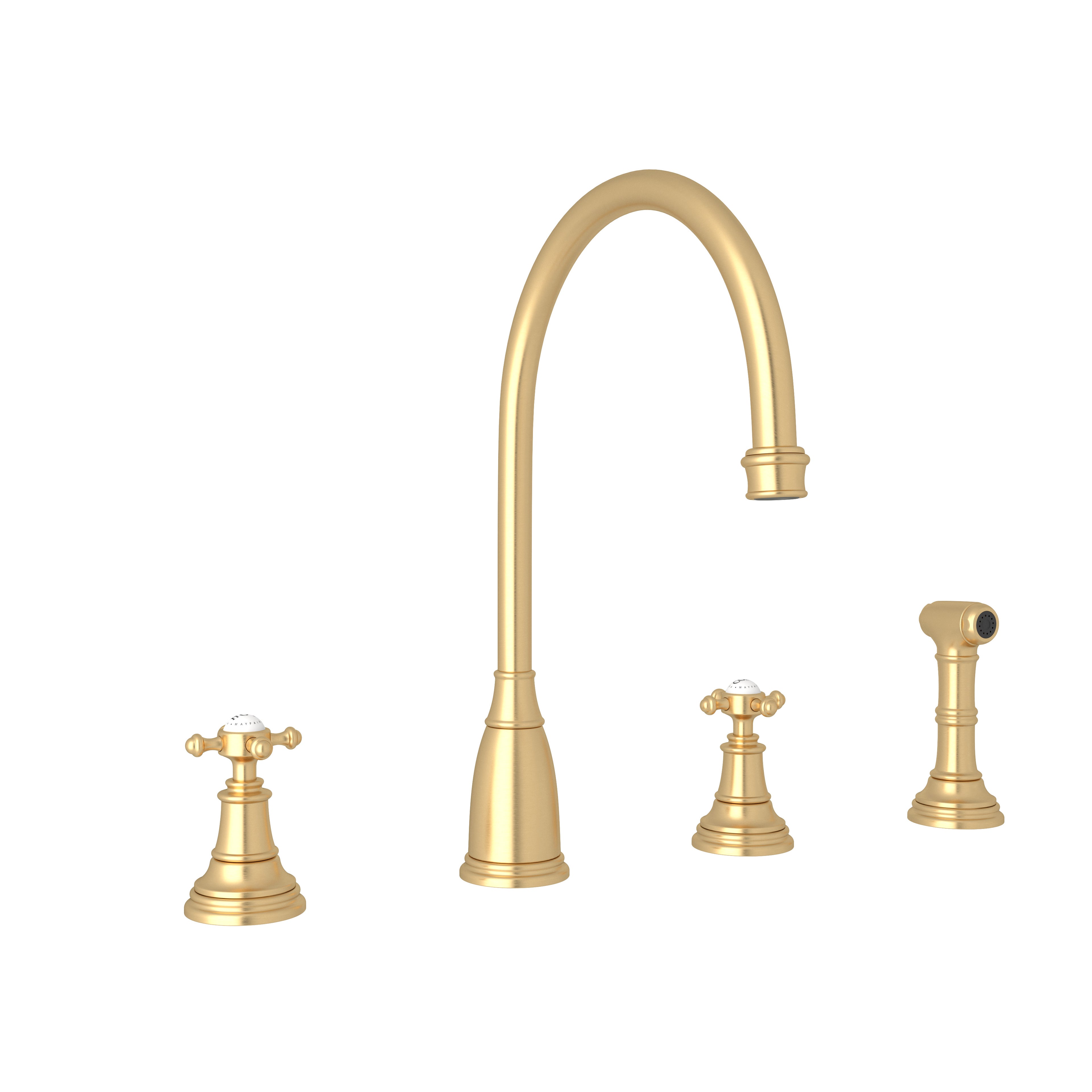 Rohl Georgian Era Mezcladora de Cocina de Dos Manijas con Aspersor Lateral - Manija de Cruz - Oro Inglés Satinado
