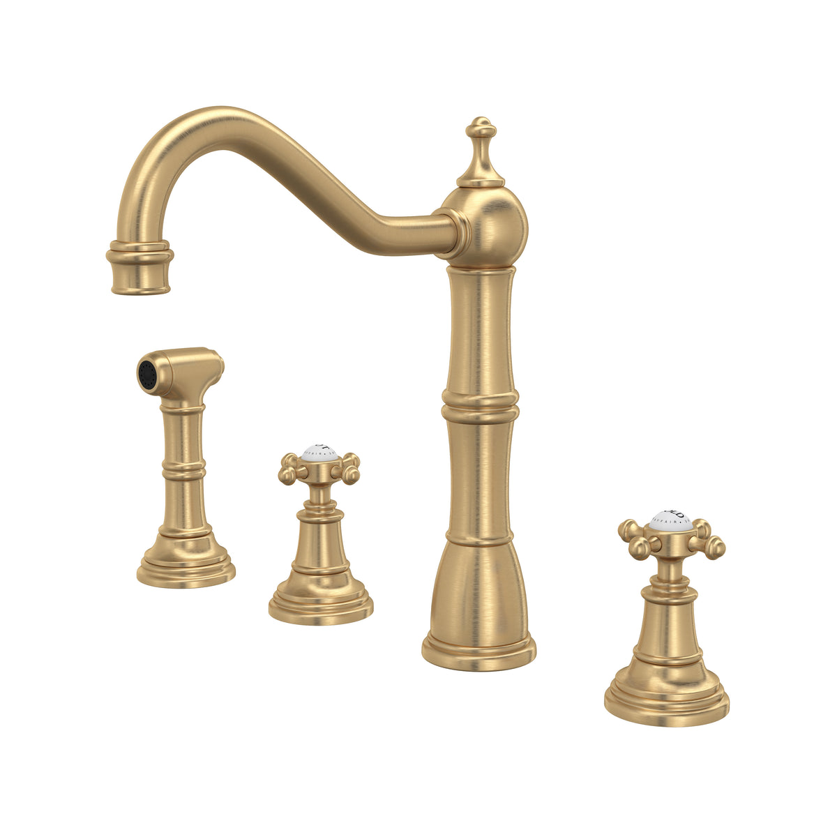 Rohl Edwardian Mezcladora de Cocina de Dos Manijas con Aspersor Lateral - Manija de Cruz - Oro Inglés Satinado
