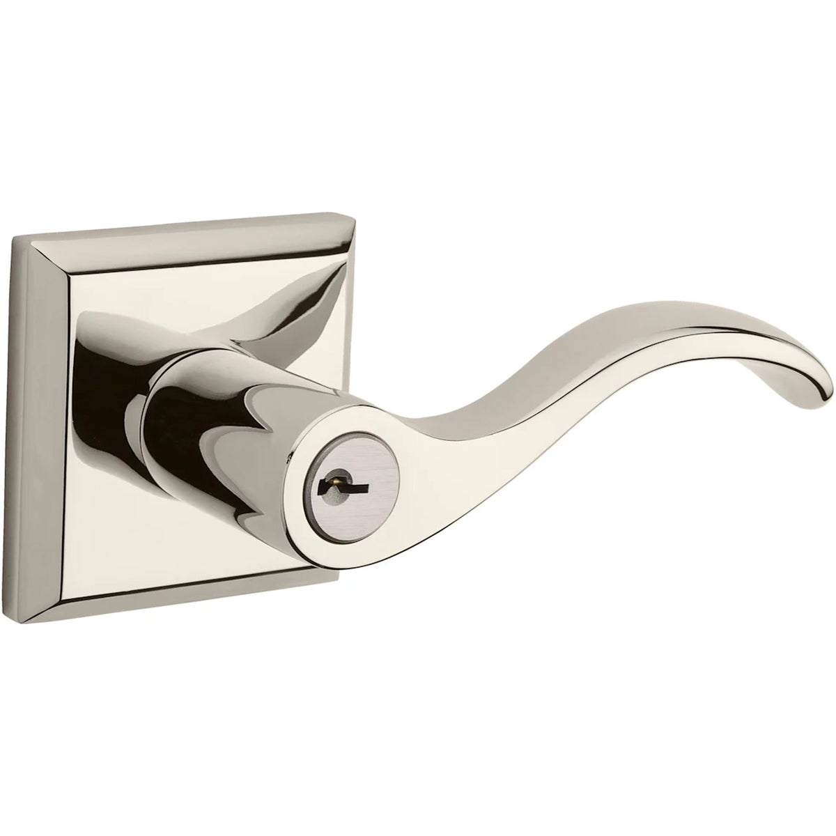Baldwin Hardware Reserve Manija con Llave Curve — Níquel pulido Lifetime — Traditional Square — Entrada Derecha