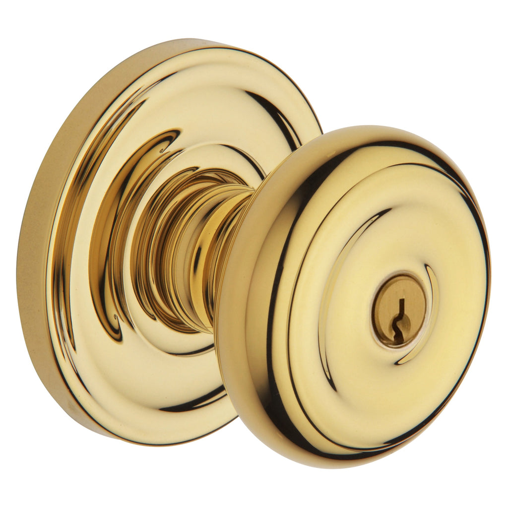 Baldwin Hardware Juego de Entrada con Llave 5210 — Perilla Colonial con Roseta Clásica — Latón sin laca