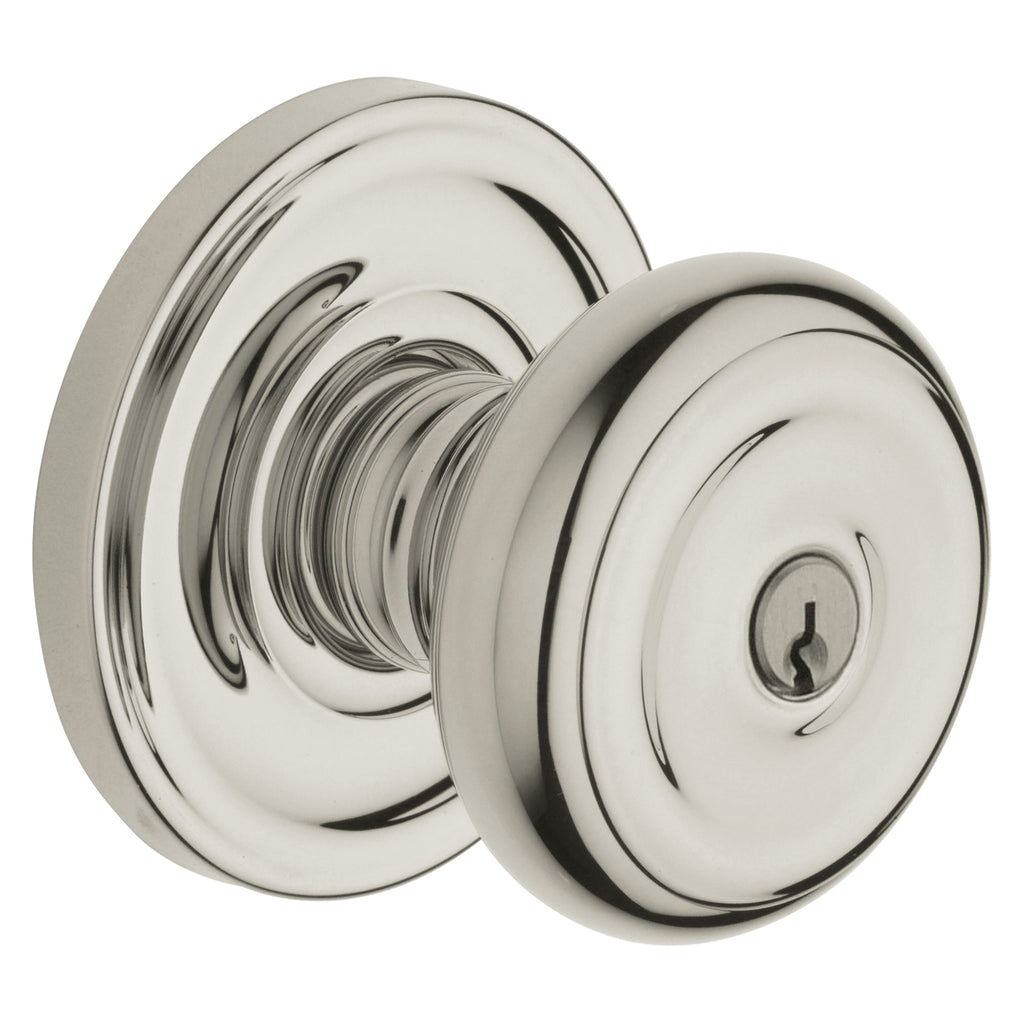 Baldwin Hardware Juego de Entrada con Llave 5210 — Perilla Colonial con Roseta Clásica — Níquel pulido Lifetime