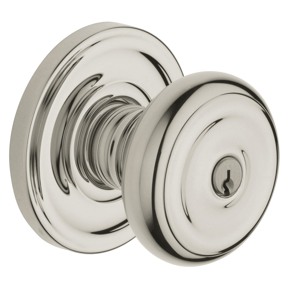 Baldwin Hardware Juego de Entrada con Llave 5210 — Perilla Colonial con Roseta Clásica — Níquel pulido Lifetime