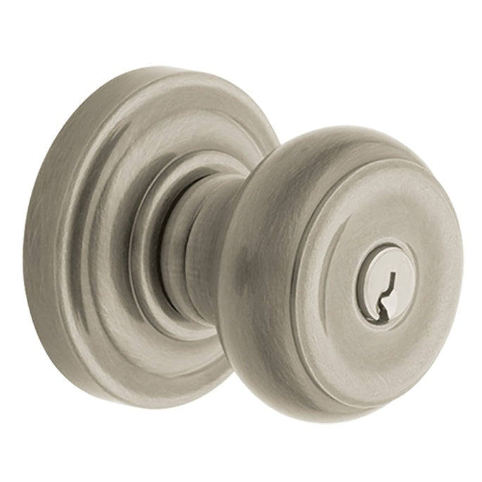 Baldwin Hardware Juego de Entrada con Llave 5210 — Perilla Colonial con Roseta Clásica — Níquel satinado Lifetime