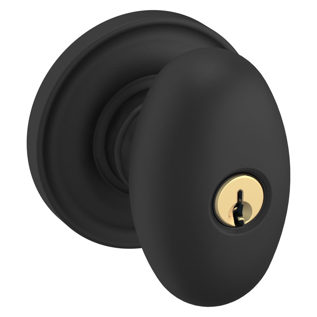 Baldwin Hardware Juego de Entrada con Llave 5225 — Perilla Egg con Roseta Clásica — Negro satinado