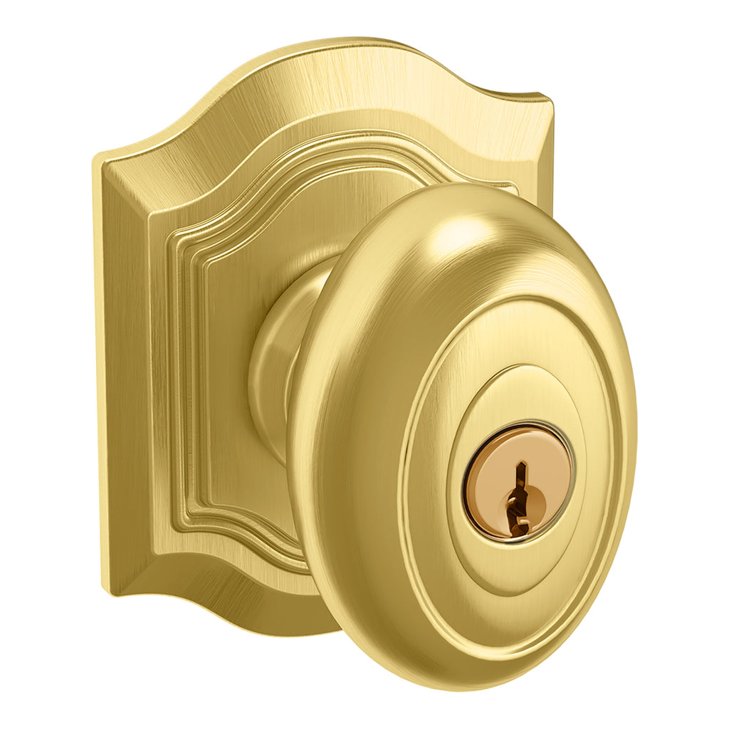 Baldwin Hardware Juego de Entrada con Llave 5237 — Perilla Bethpage con Roseta Bethpage — Latón satinado Lifetime