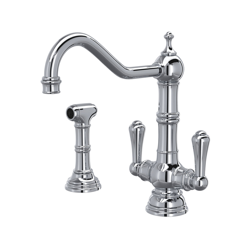 Rohl Edwardian Mezcladora de Cocina de Dos Manijas con Aspersor Lateral - Palanca de Metal - Cromo Pulido