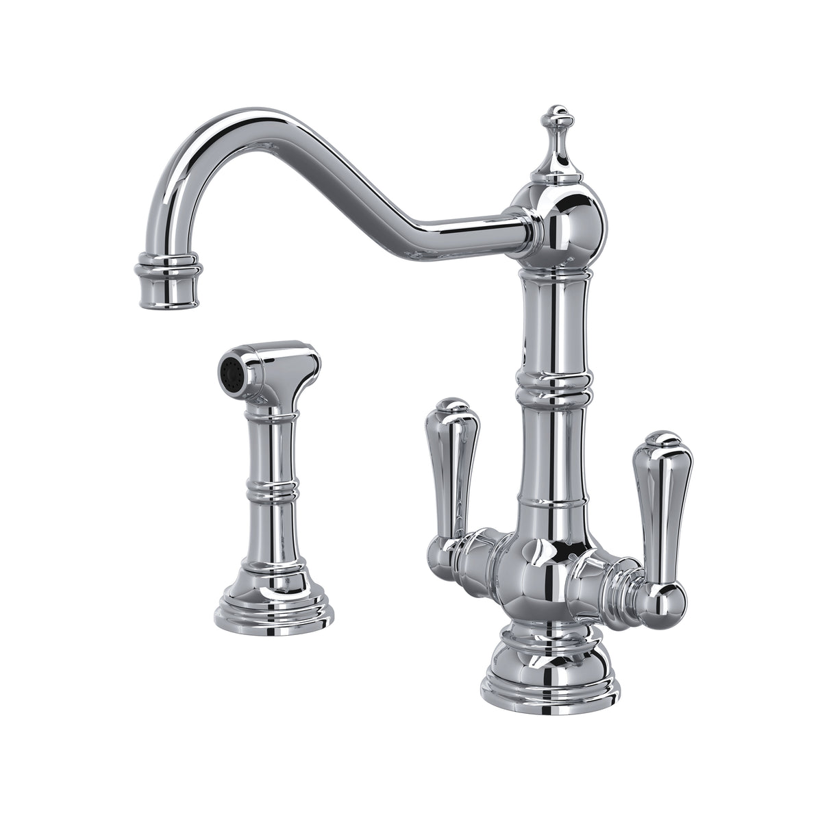 Rohl Edwardian Mezcladora de Cocina de Dos Manijas con Aspersor Lateral - Palanca de Metal - Cromo Pulido