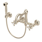 Rohl Acqui Mezcladora de Cocina Tipo Puente de Pared con Aspersor Lateral y Surtidor de Columna - Manija de Cruz - Níquel Satinado