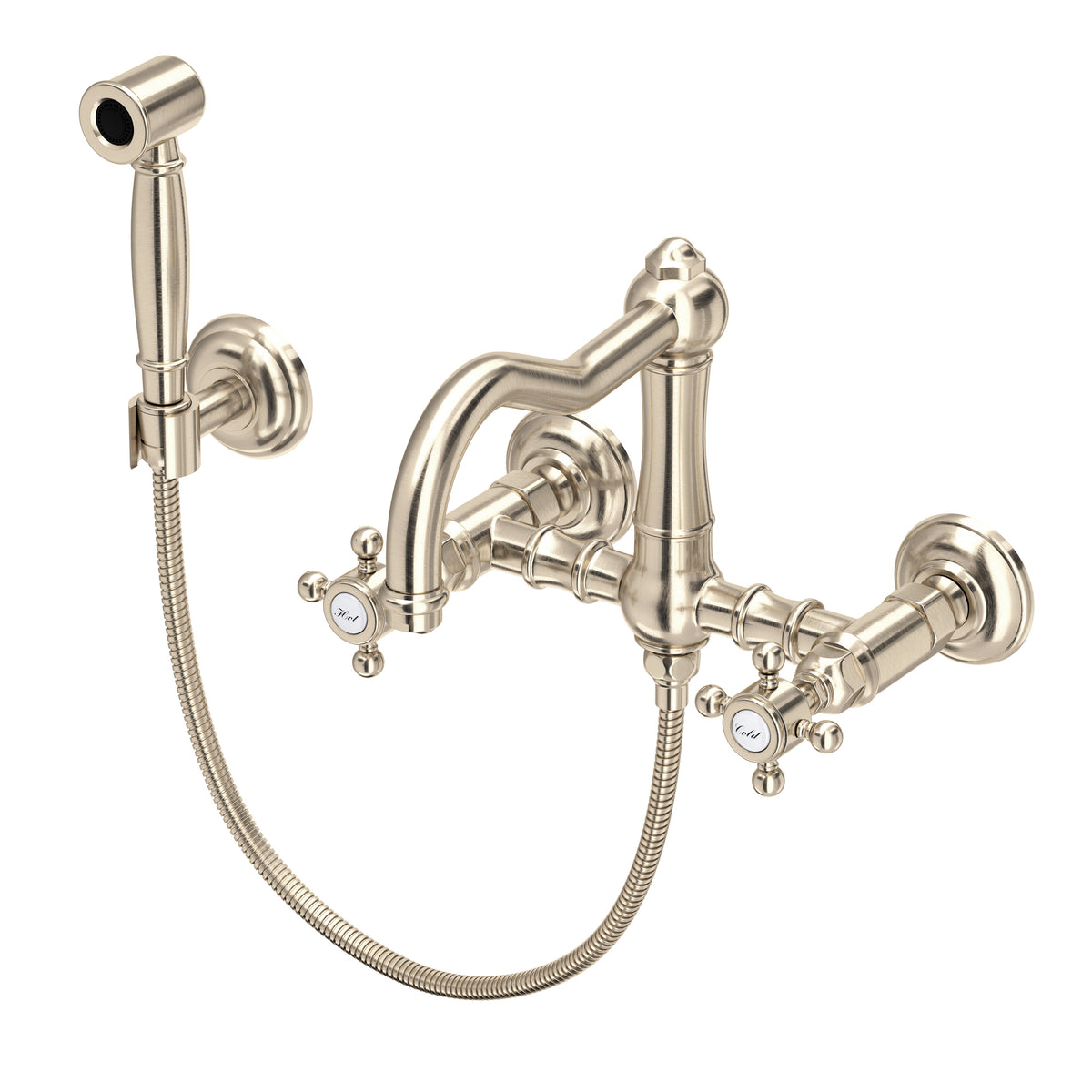 Rohl Acqui Mezcladora de Cocina Tipo Puente de Pared con Aspersor Lateral y Surtidor de Columna - Manija de Cruz - Níquel Satinado