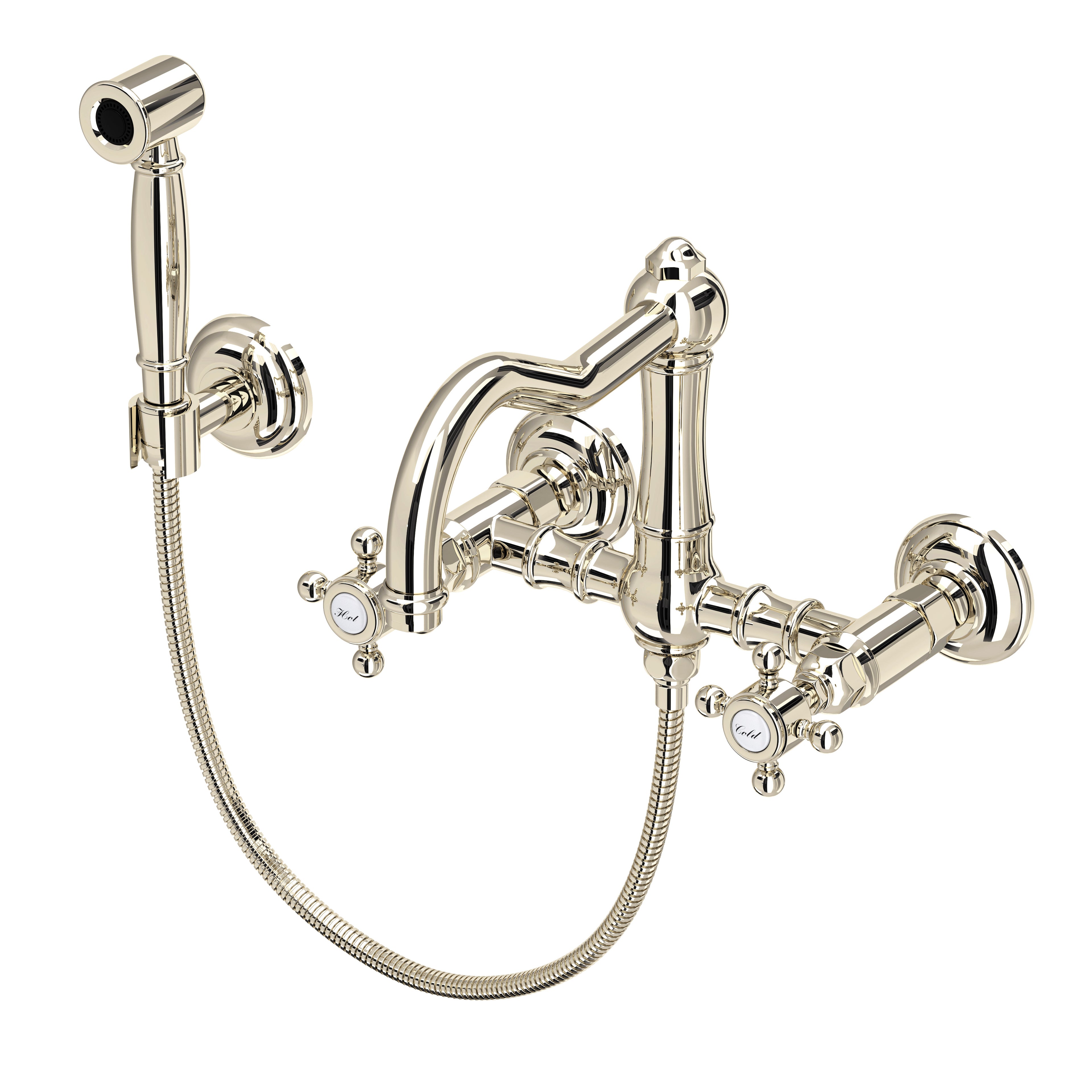 Rohl Acqui Mezcladora de Cocina Tipo Puente de Pared con Aspersor Lateral y Surtidor de Columna - Manija de Cruz - Níquel Pulido