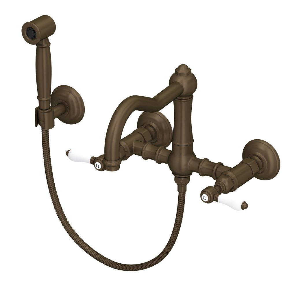 Rohl Acqui Mezcladora de Cocina Tipo Puente de Pared con Aspersor Lateral y Surtidor de Columna - Palanca de Porcelana Blanca - Latón Toscano