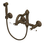 Rohl Acqui Mezcladora de Cocina Tipo Puente de Pared con Aspersor Lateral y Surtidor de Columna - Palanca de Porcelana Blanca - Latón Toscano