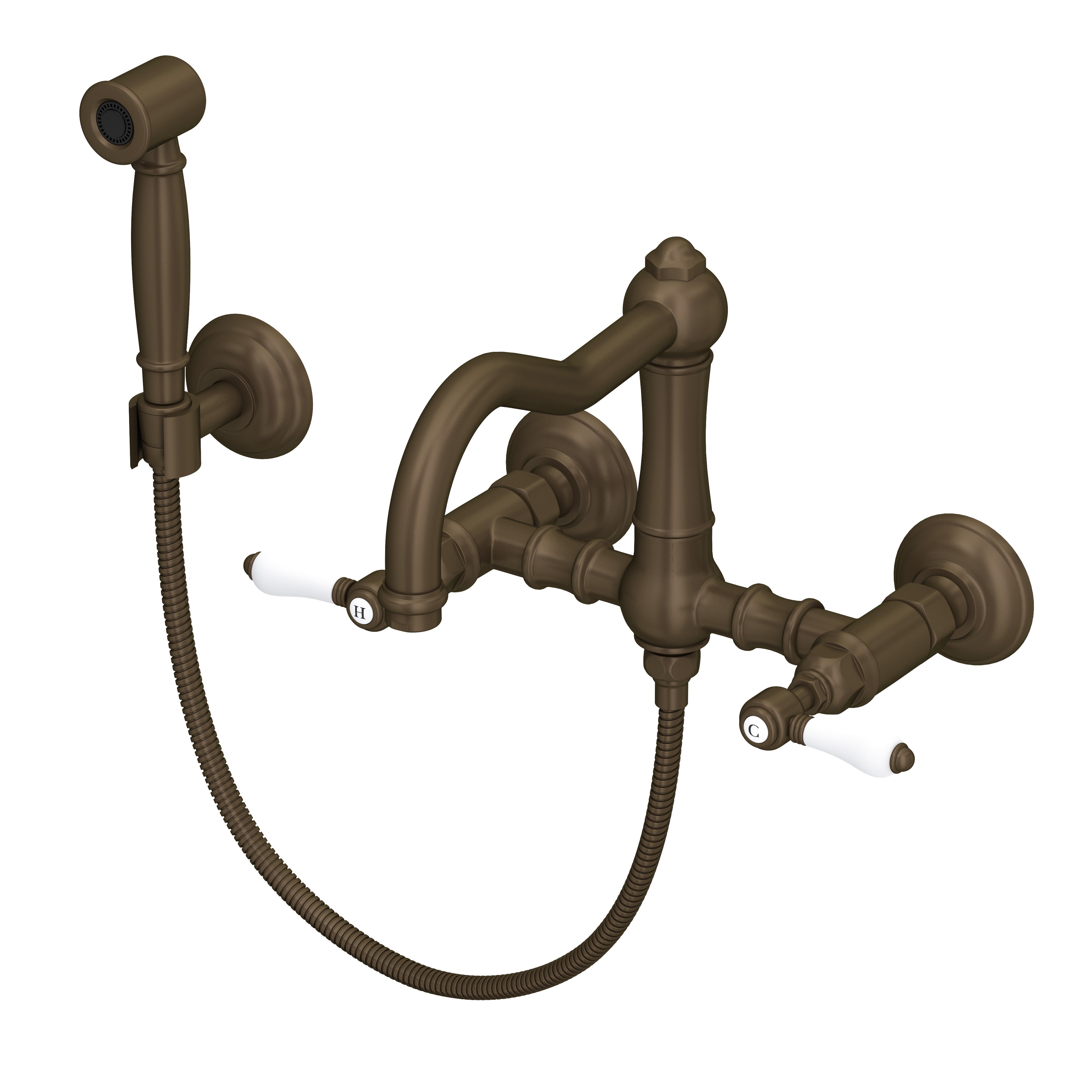 Rohl Acqui Mezcladora de Cocina Tipo Puente de Pared con Aspersor Lateral y Surtidor de Columna - Palanca de Porcelana Blanca - Latón Toscano