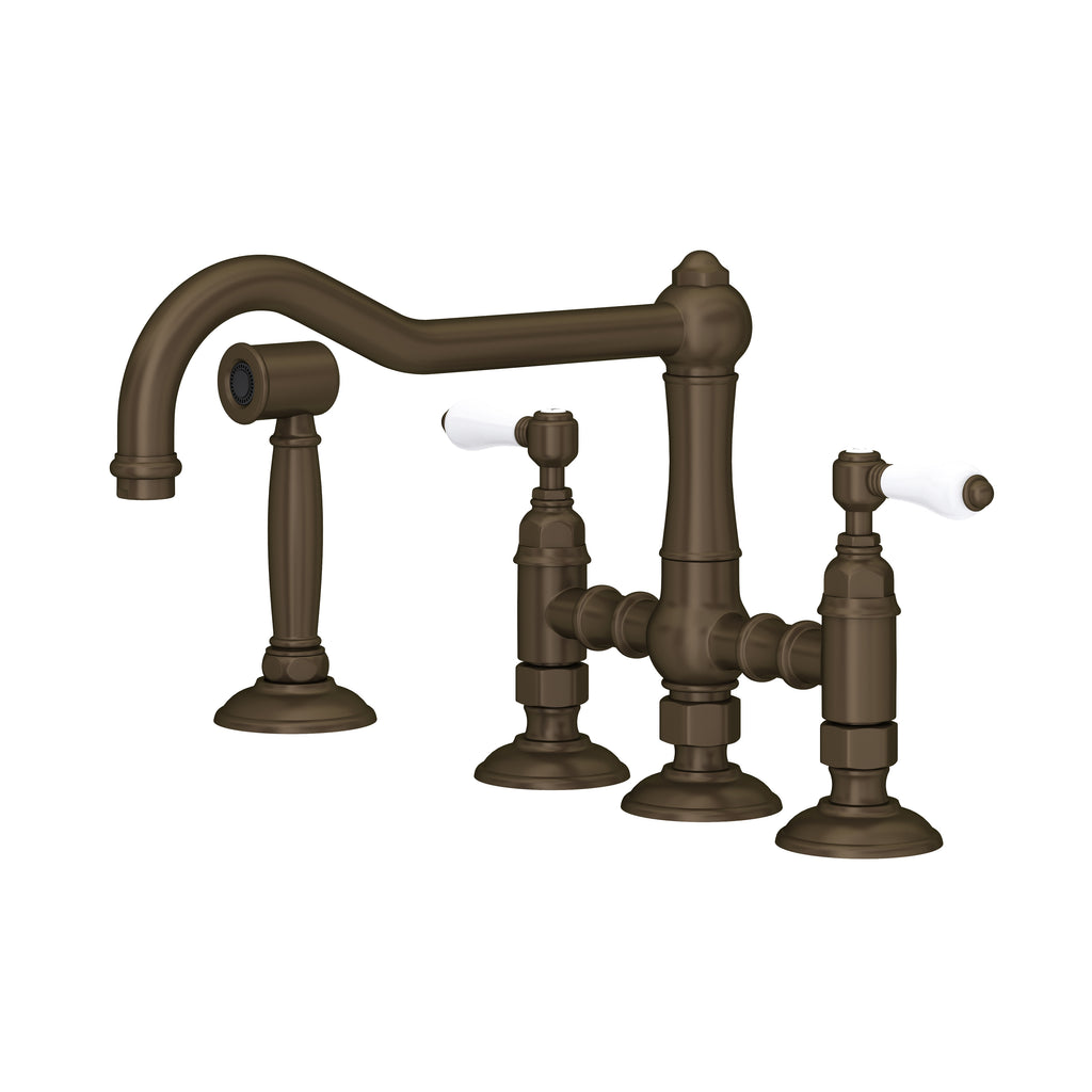 Rohl Acqui Mezcladora de Cocina Tipo Puente con Aspersor Lateral - Palanca de Porcelana Blanca - Latón Toscano
