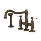 Rohl Acqui Mezcladora de Cocina Tipo Puente con Aspersor Lateral - Palanca de Porcelana Blanca - Latón Toscano