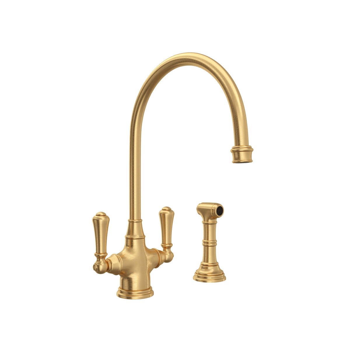 Rohl Georgian Era Mezcladora de Cocina de Dos Manijas con Aspersor Lateral - Palanca de Metal - Oro Inglés Satinado
