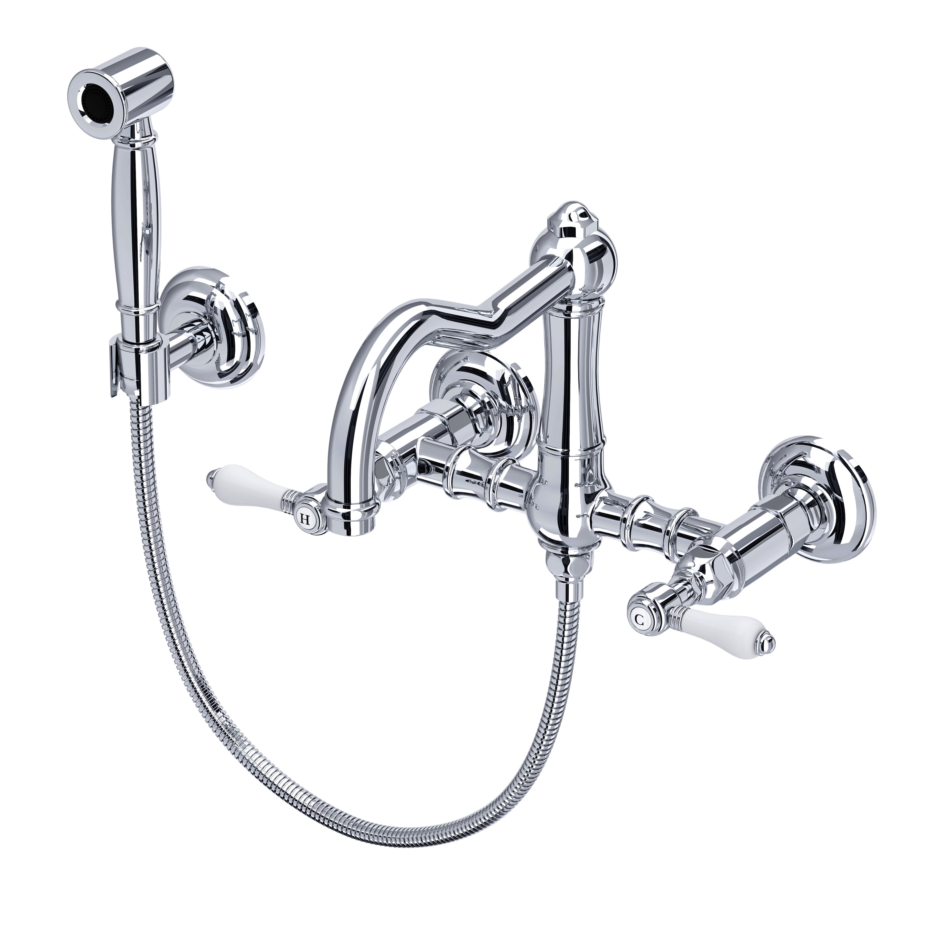 Rohl Acqui Mezcladora de Cocina Tipo Puente de Pared con Aspersor Lateral y Surtidor de Columna - Palanca de Porcelana Blanca - Cromo Pulido