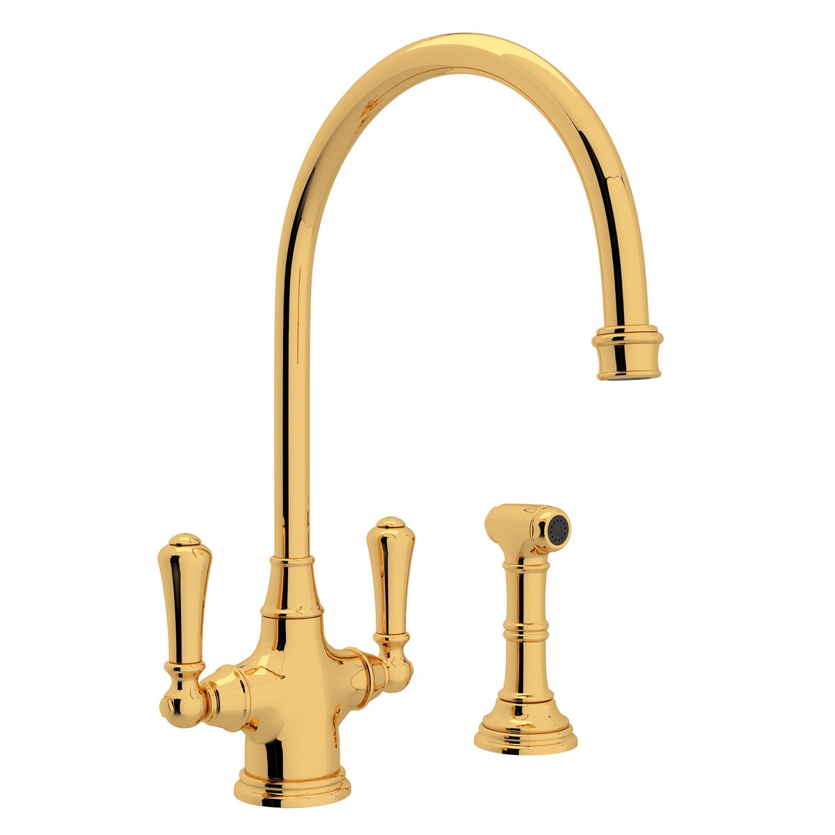 Rohl Georgian Era Mezcladora de Cocina de Dos Manijas con Aspersor Lateral - Palanca de Metal - Oro Inglés