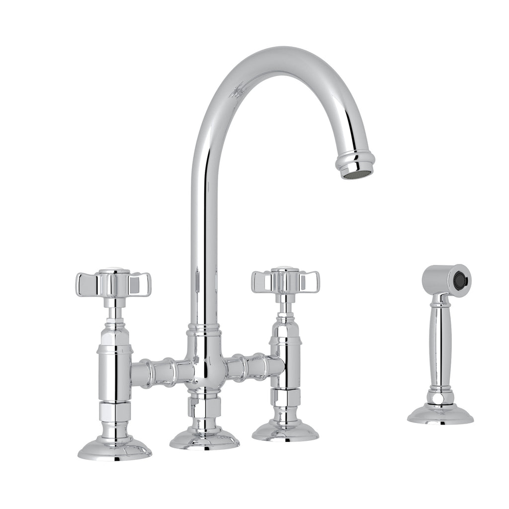 Rohl San Julio Mezcladora de Cocina Tipo Puente con Aspersor Lateral Acqui - Manija de Cruz de Cinco Radios - Cromo Pulido