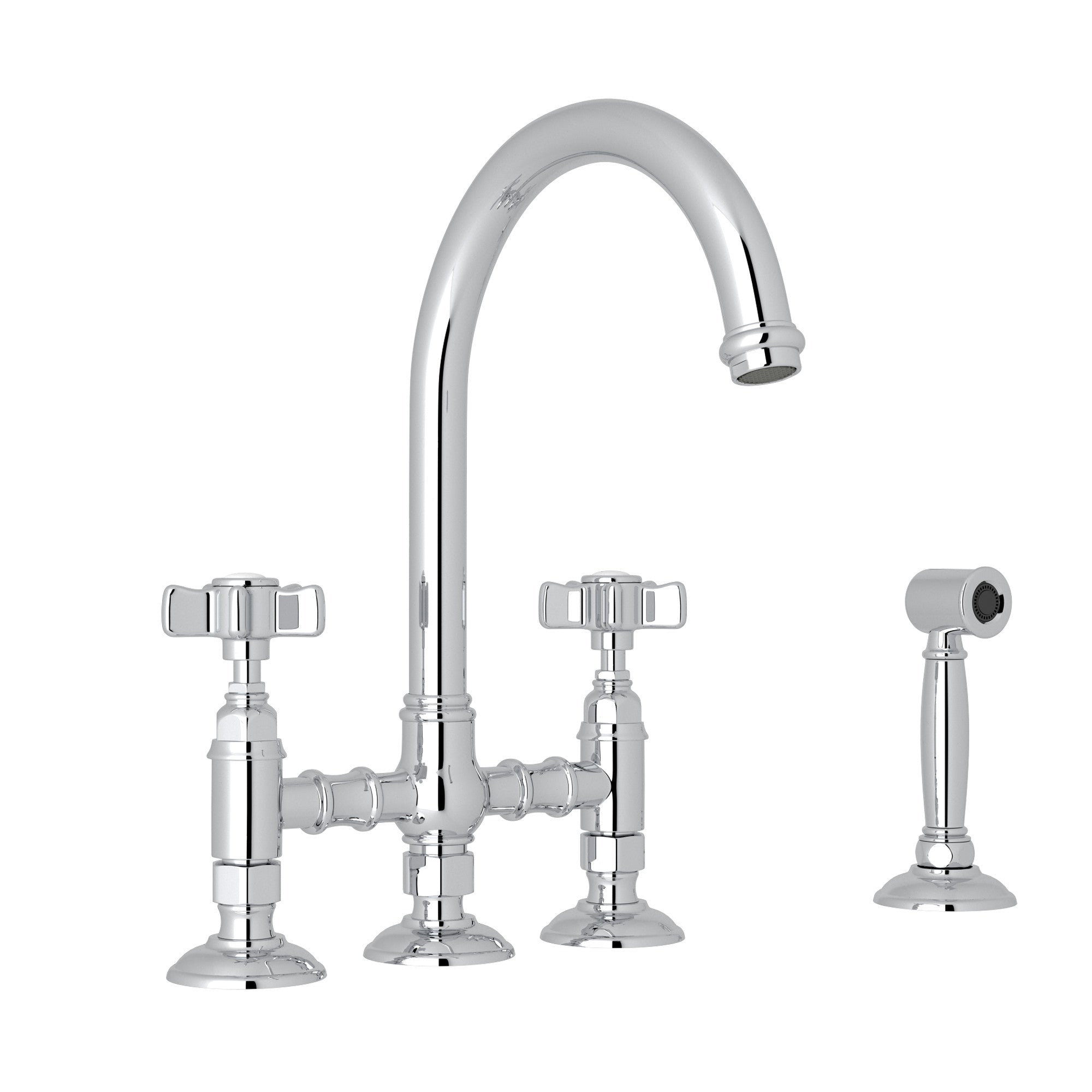 Rohl San Julio Mezcladora de Cocina Tipo Puente con Aspersor Lateral Acqui - Manija de Cruz de Cinco Radios - Cromo Pulido