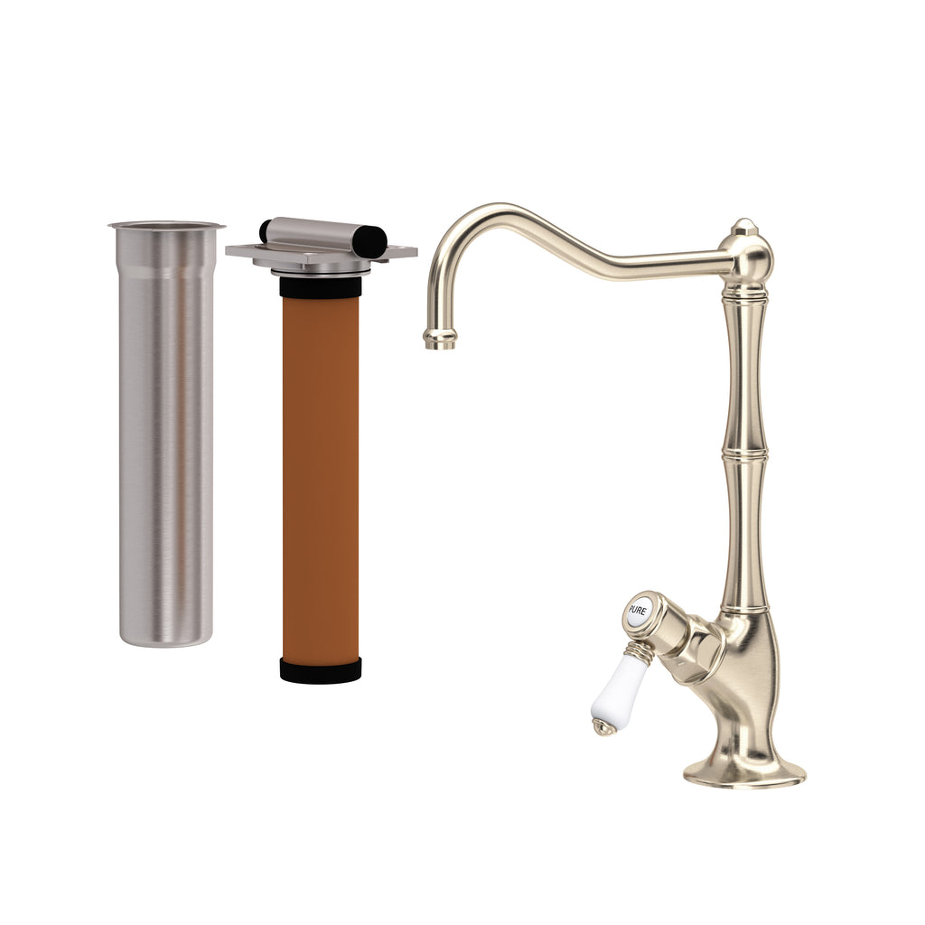 Rohl Acqui Kit de Mezcladora Filtradora de Cocina - Palanca de Porcelana Blanca - Níquel Satinado