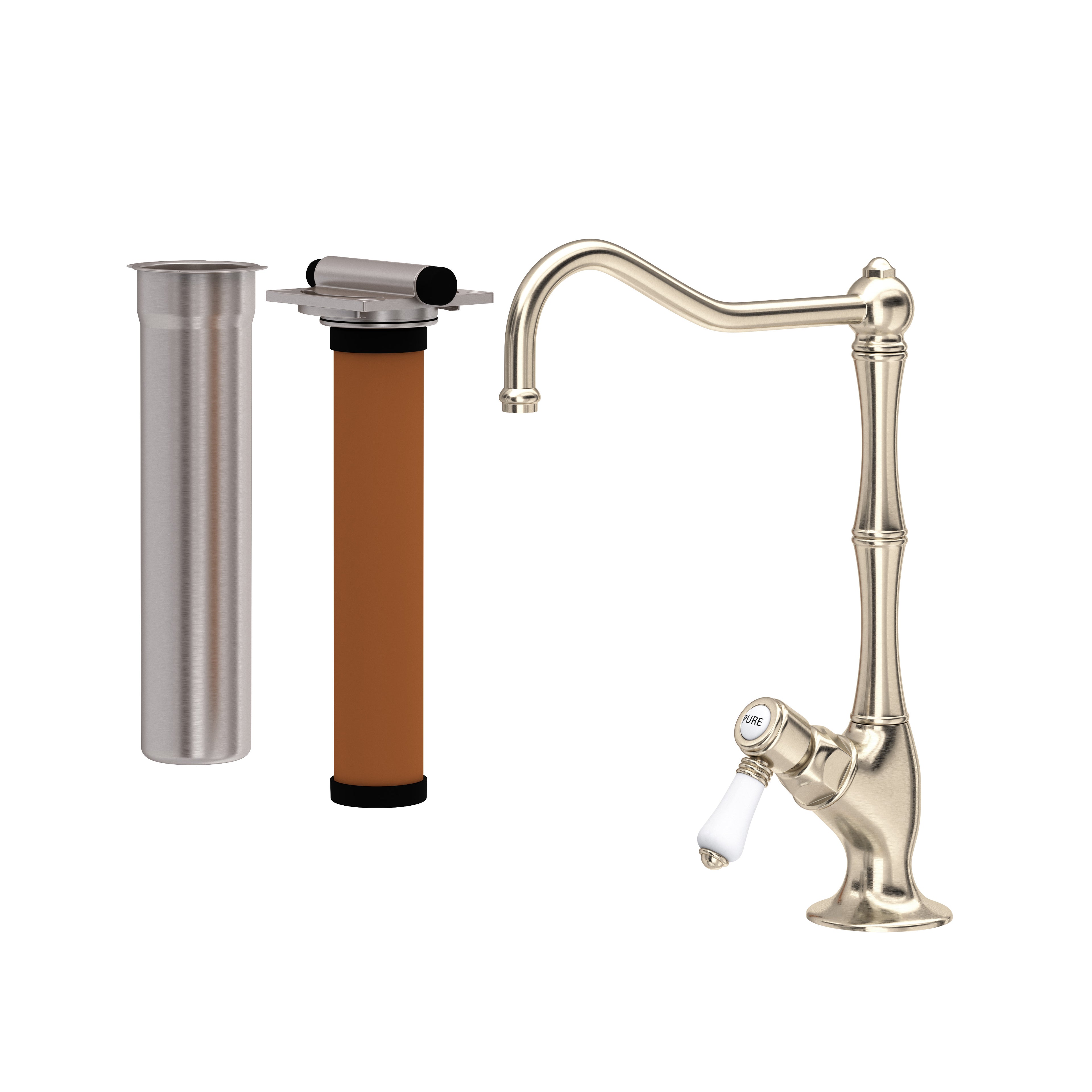 Rohl Acqui Kit de Mezcladora Filtradora de Cocina - Palanca de Porcelana Blanca - Níquel Satinado