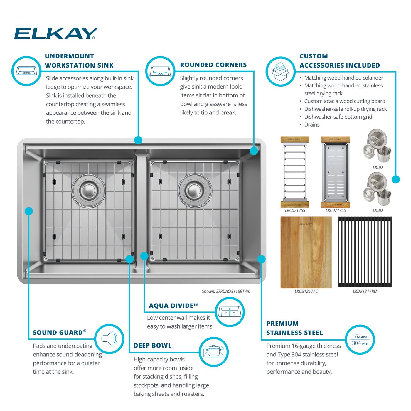 Elkay Tarja Crosstown® Calibre 16 Workstation Acero Inoxidable 31-1/2" x 18-1/2" x 9" de Dos Tazones Iguales (Kit con Aqua Divide) — ambiente de cocina