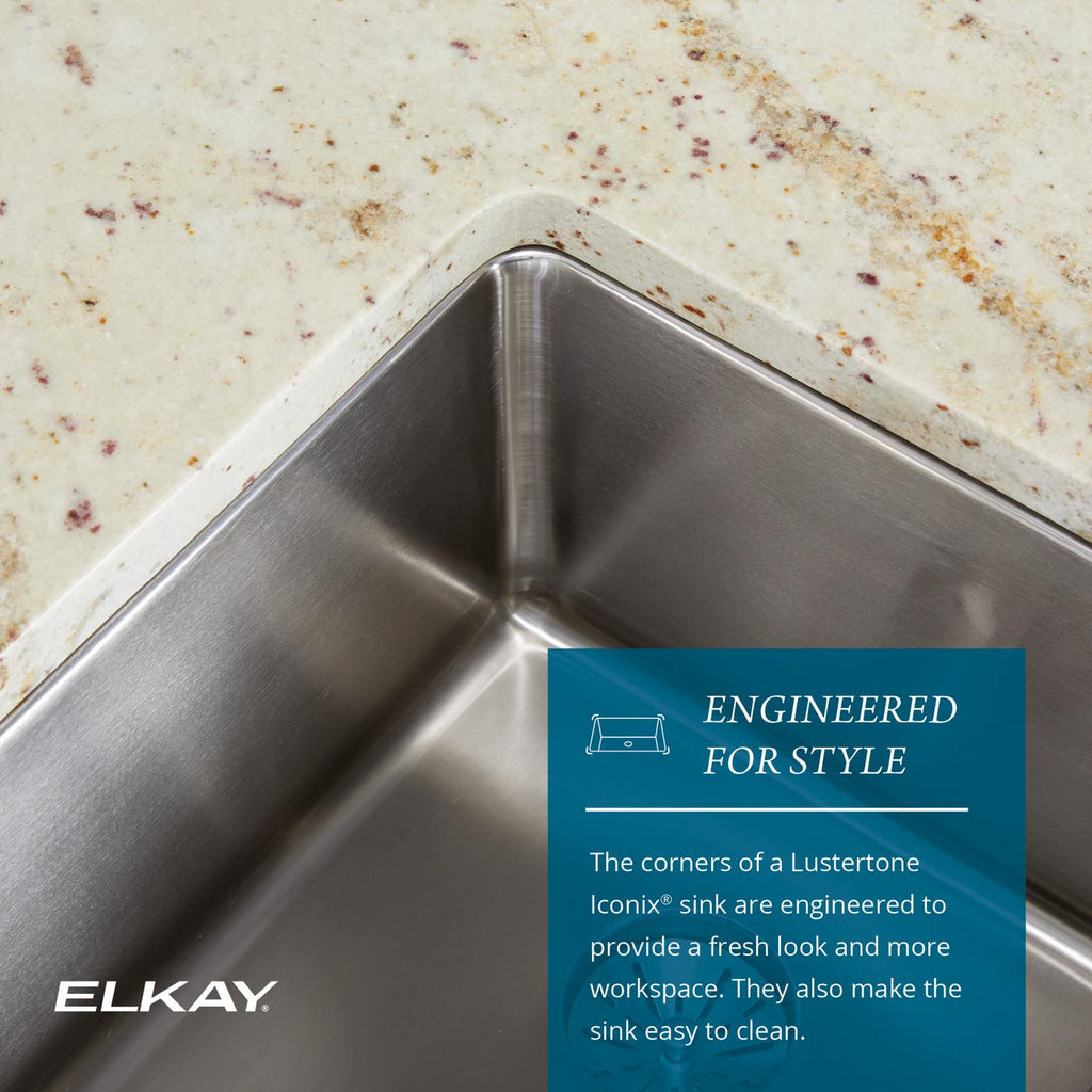 Elkay Tarja Lustertone Iconix® Calibre 16 Acero Inoxidable 31-1/4" x 20-1/2" x 9" de Dos Tazones Bajo Cubierta with Left Perfect Drain® — ambiente de cocina